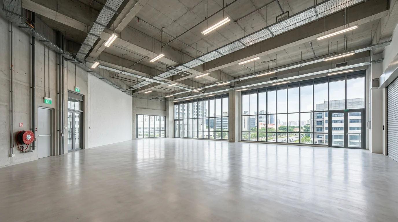 Column-free factory unit interior with high ceilings and natural light at A'POSH BIZHUB